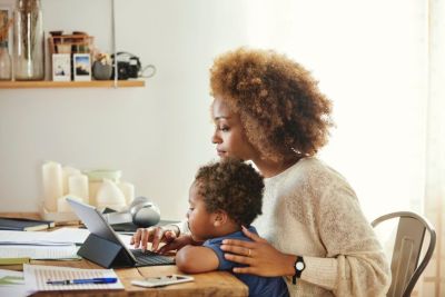 Mom and child work from home
