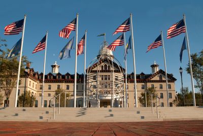 Bown Garden behind Old Main with American and Widener flags