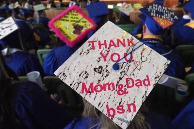 widener graduation caps reading Thank You Mom & Dad