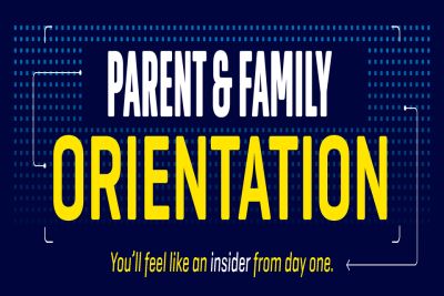 Parent & Family Orientation in Widener Colors with a Dark Blue background and inside track branding