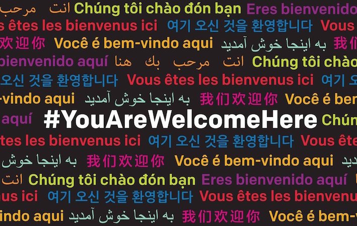 You Are Welcome Here word art with &quot;you are welcome here&quot; displayed in various languages