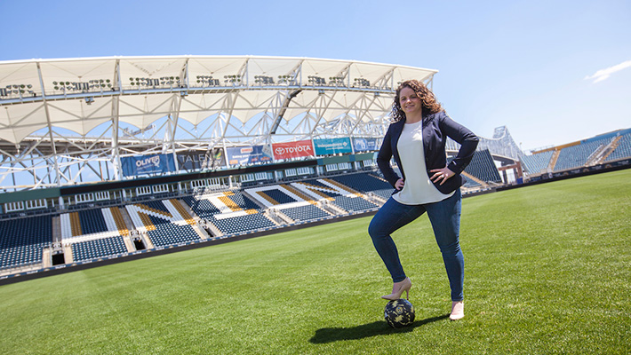 Widener alum Casey Cardillo on the field at Subaru Park, home of the Philadelphia Union, during her internship