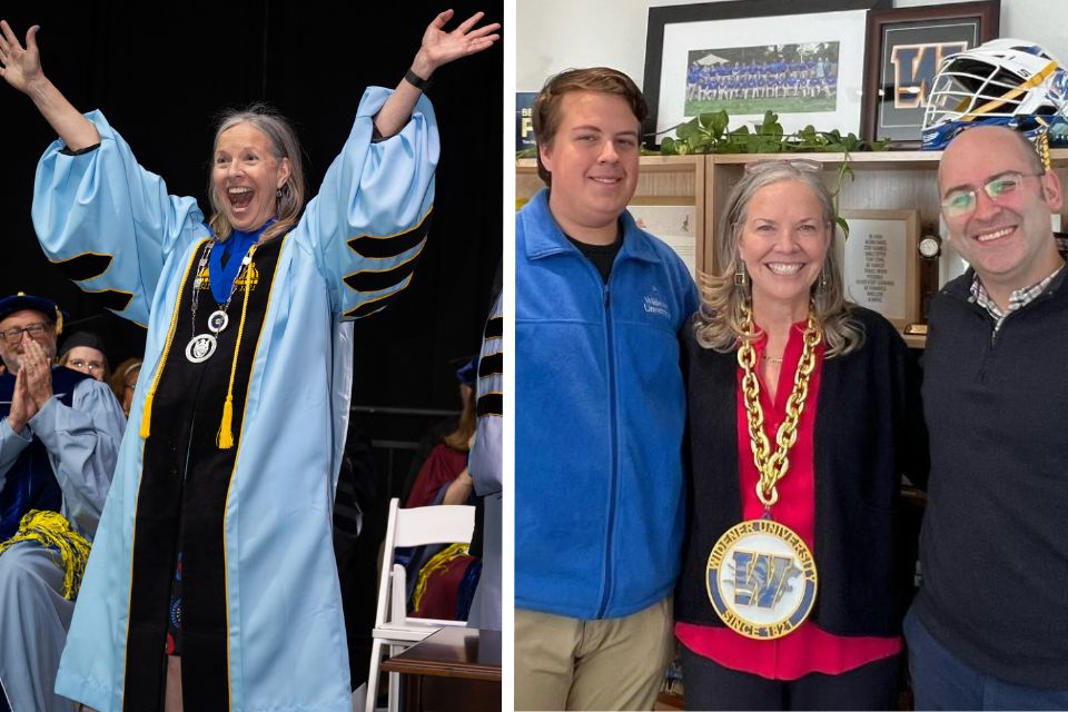 Two photos side by side show Stacey Robertson wearing the presidential medallion at her inauguration, followed by her wearing a 3D printed medallion.