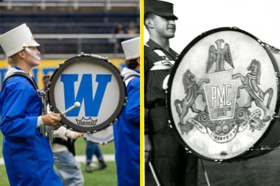 Left- modern day Widener drummer Right- PMC band drummer ca. 1965