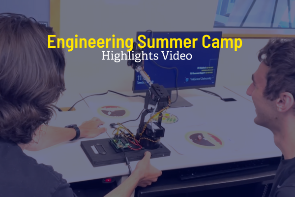 students doing robotics engineering graphic reads "Engineering Summer Camp Highlights Video"