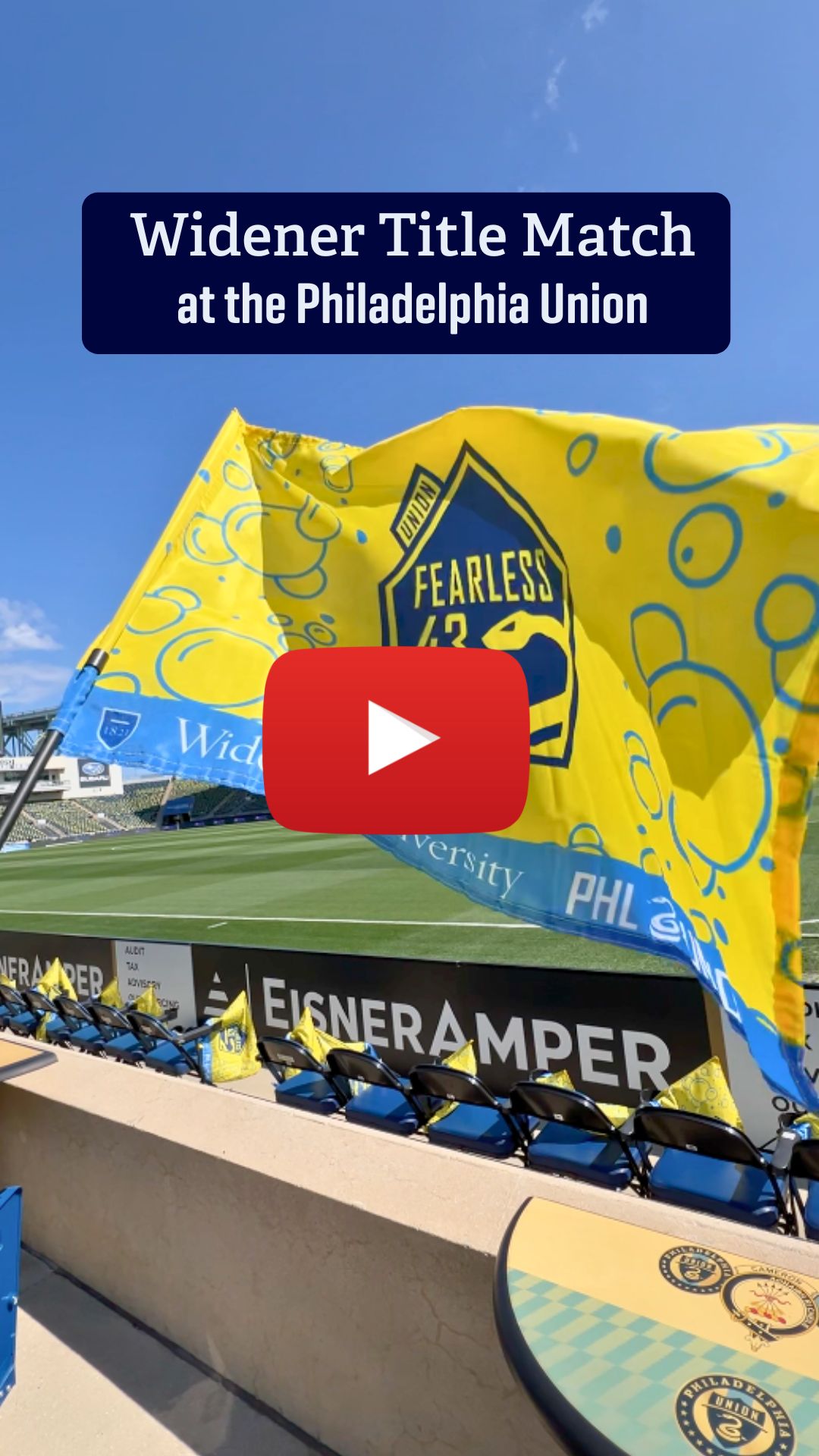 A social media graphic with a play button reads, "Widener Title Match at the Philadelphia Union."