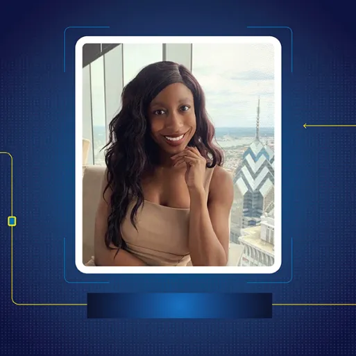 Tatyannah King poses for a photo, which is inserted in a blue graphic with yellow lines and arrows