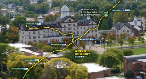 Widener Campus with i95 overlay showing distance to major cities