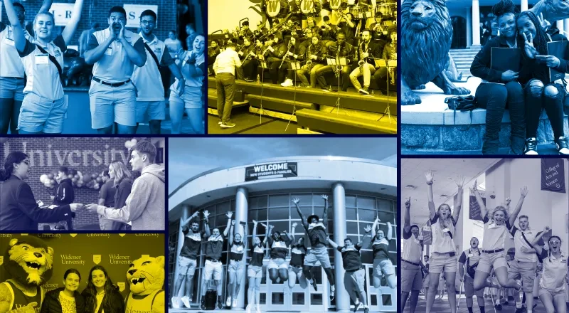colorful collage of Widener admissions events featuring students jumping and celebrating