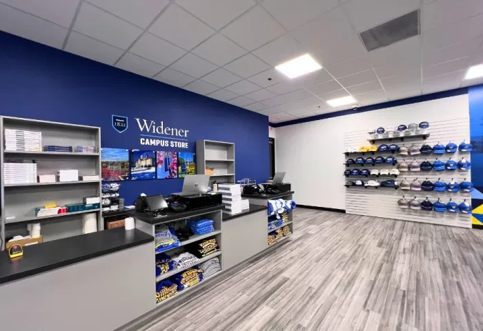 Interior of the campus store with the check out area