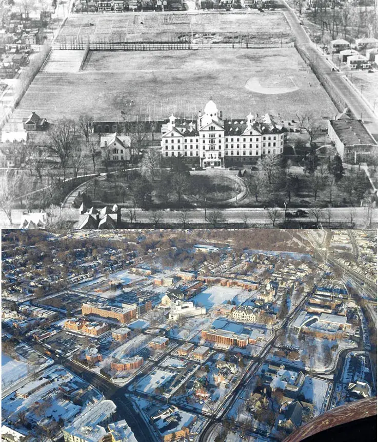 1942 and 2014 aerial photos of widener campus