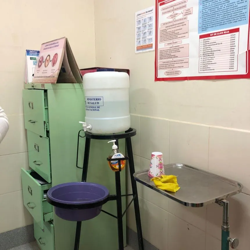 A hand hygiene station set up by nursing students in Peru