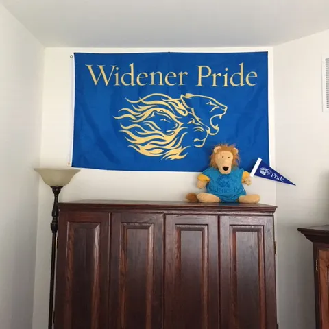 Widener Pride flag hanging on a wall