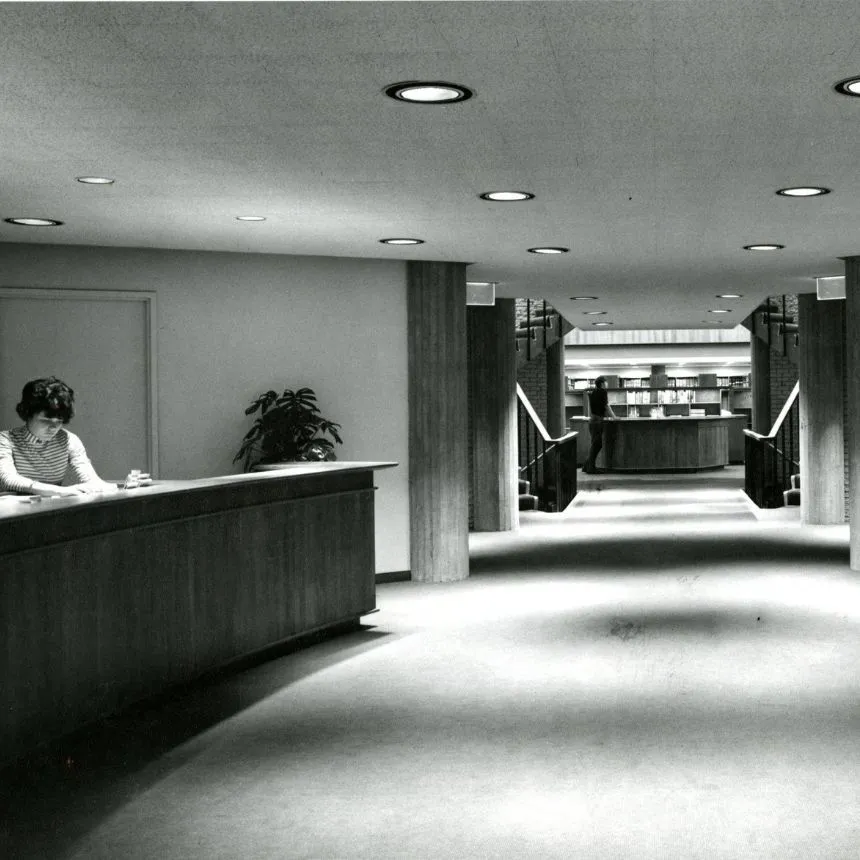 A black and white photo of the library lobby in 1970