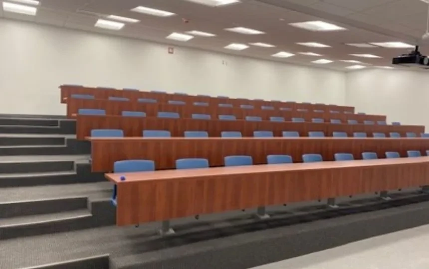 A newly renovated auditorium-style classroom