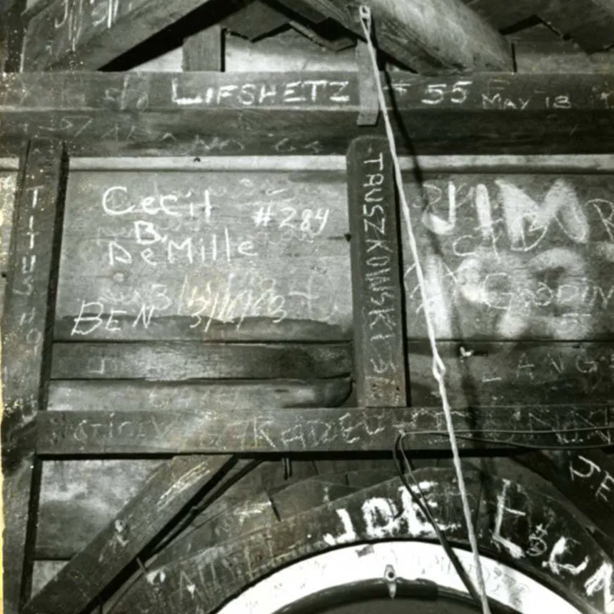 Cadet signatures scrawled inside the Old Main dome, including one for Cecil B. DeMille