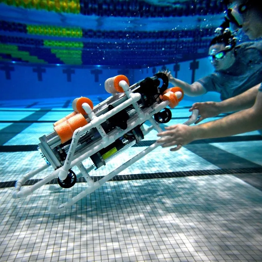The robosub cruises underwater during the testing phase.