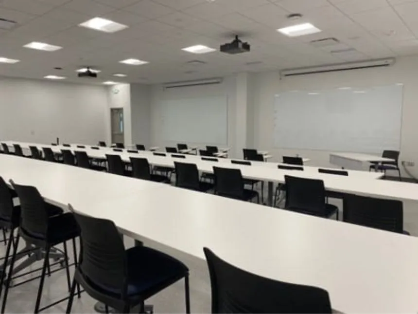 New classroom boasts adjustable desks so that the space can be configured in a numbers of ways.