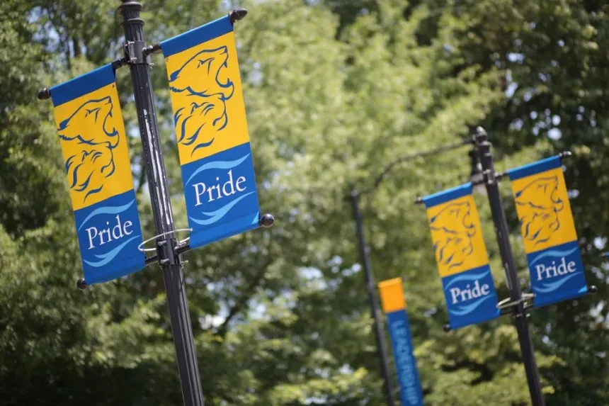 Four flags on campus reflecting lions and the word Pride