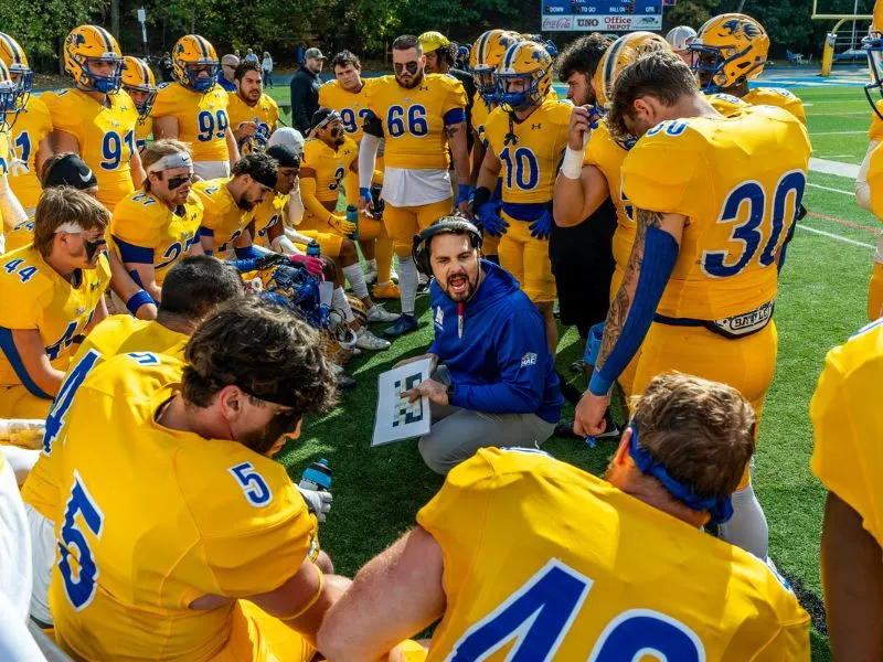 The football team huddles around a coach during the game.