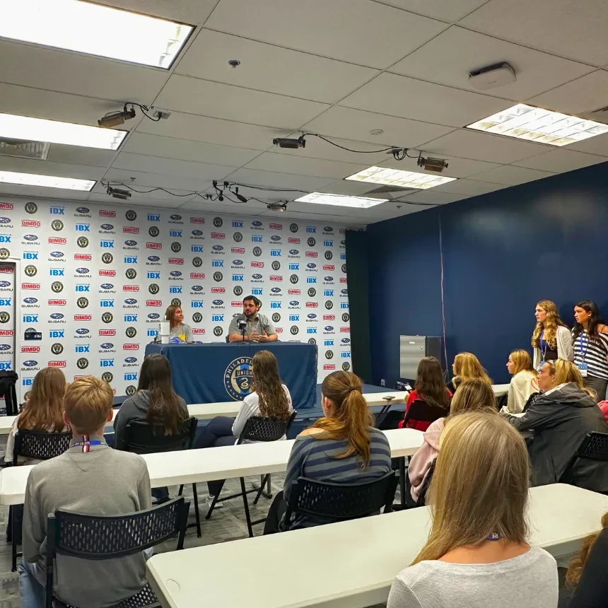 Widener students speak to high school students in the Union's press room