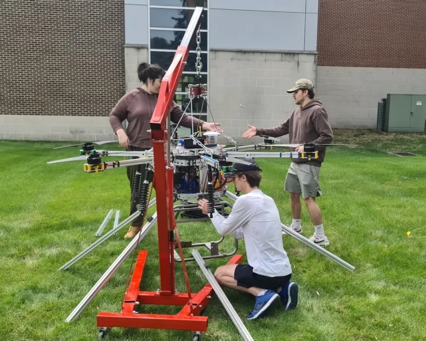 Widener students from Artemis lab spend an afternoon fixing a drone. 