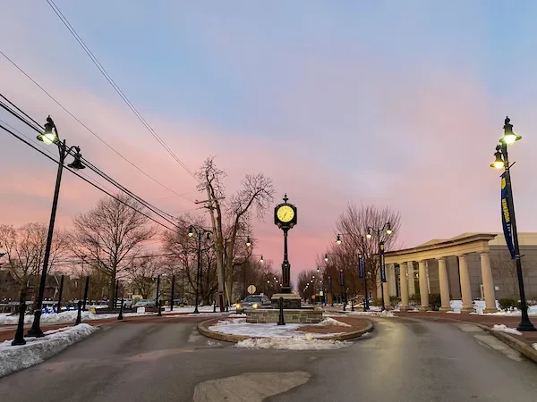 photo of early morning pink sunrise on widener campus near philadelphia in winter