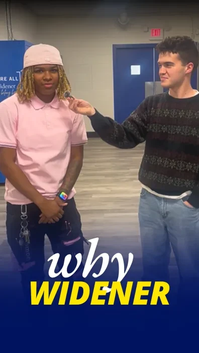 A student holds a microphone to another student as part of an interview; on top of the image it says "Why Widener"