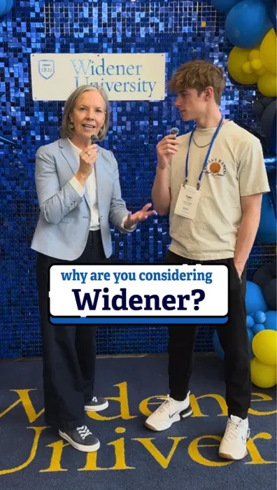 President Stacey Robertson interviewing an incoming student in front of a blue glittery background and balloons; over the image it says "why are you considering Widener?"