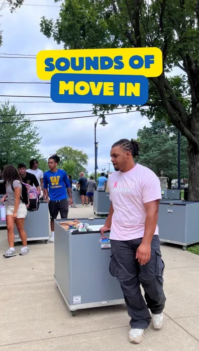 Student pulling a cart at move in with the words "sounds of move in" over the image