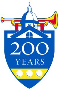 Widener bicentennial logo, which includes a blue shield that says "200 years" and outline of Old Main and a trumpet