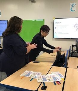 Widener President trying out the technology in the lab.