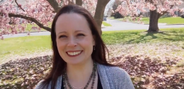 Jennifer Horowitz in front of pink tree