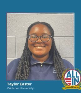 Head shot of student Taylor Easter with All In voting challenge frame