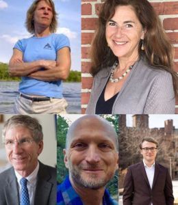 A composite photo showing the faces of five people associated with the law schools