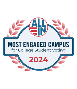Blue and red seal that reads "most engaged campus 2024"