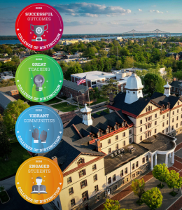 Photo of Old Main with four college of distinction badges along the left side.