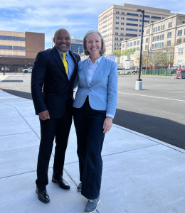 Stacey Robertson and Todd Clark pose for a photo in downtown Wilmington, Delaware