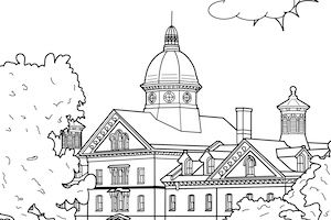 black and white outline of old main for coloring page