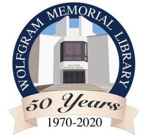 graphic of wolfgram memorial library with a banner that reads 50 Years 1970-2020