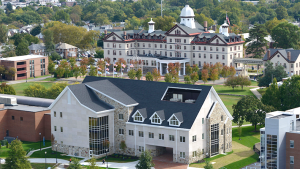Aerial campus campus shot of Freedom Hall and Old Main