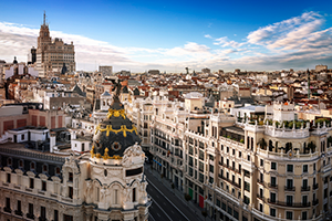 Aerial view of downtown Madrid, Spain on a clear day