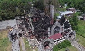 An aerial photo the church's damage