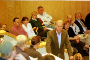 Joe Biden lectures to a full auditorium following the 9/11 attacks.