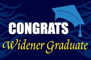 blue commencement cap with text reading Congrats Widener Graduate