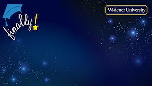 Zoom background for Widener grads reads "finally" with grad cap