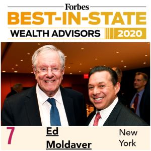 Ed Moldaver poses with Steve Forbes. Logo above them says "Forbes Best-in-State Wealth Advisors 2020"