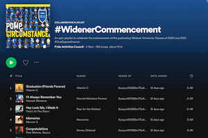 screenshot of commencement spotify playlist reading #WidenerCommencement an epic playlist to celebrate the achievements of the graduating Widener University Classes of 2020 and 2021. #OneDegreeSmarter