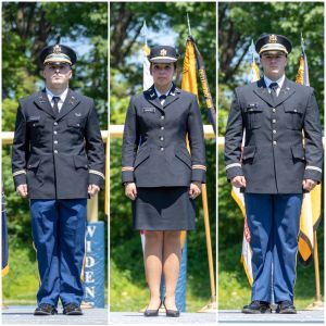 Individual photos of three ROTC cadets standing at attention, compiled into one collage image