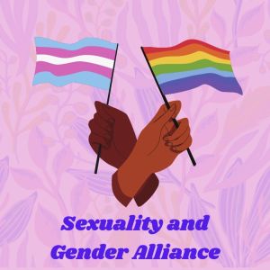 Sexuality and Gender Alliance logo featuring two hands holding the LGBTQ and transgender pride flags